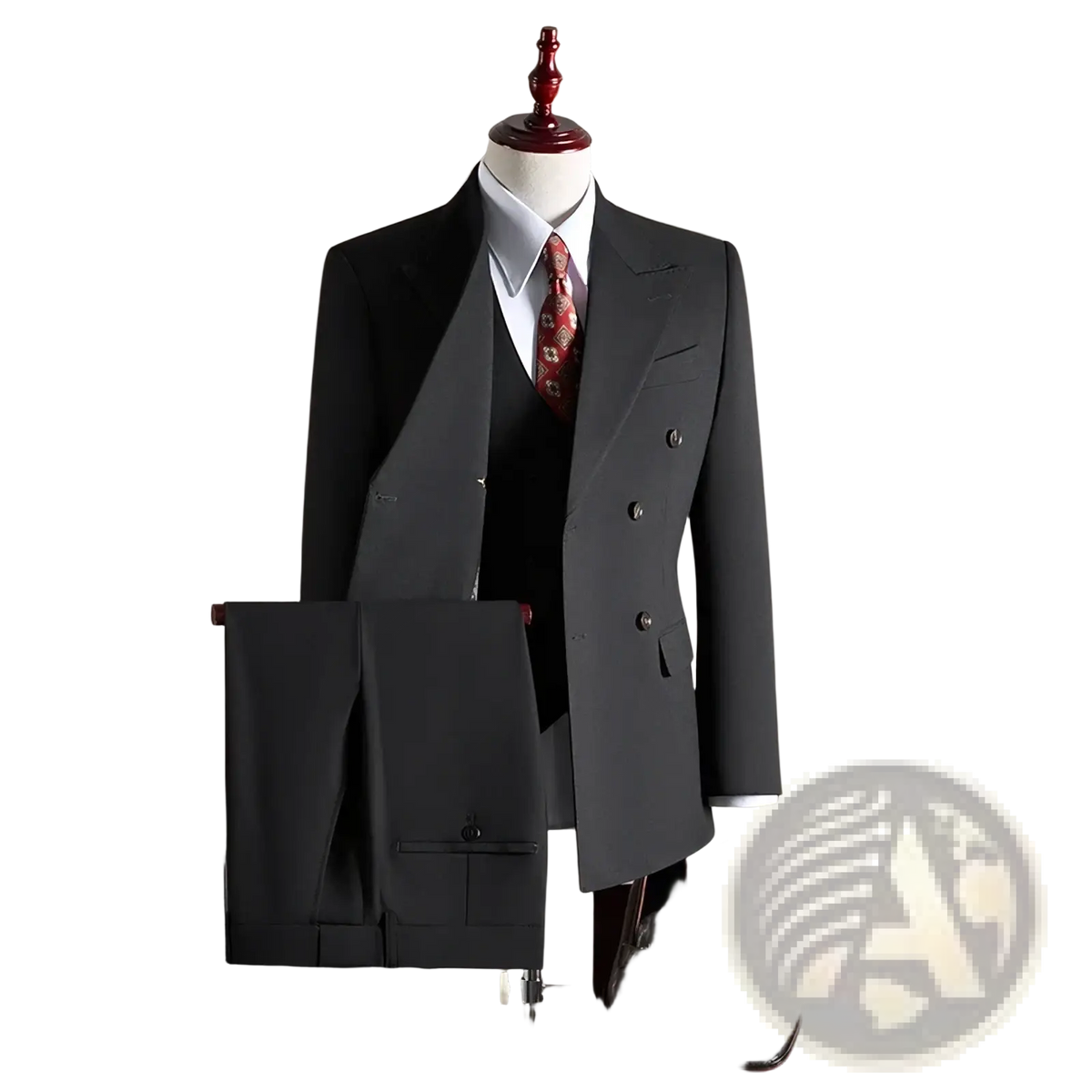 Mens charcoal gray wool double breasted suit with notched lapels and matching trousers displayed on mannequin