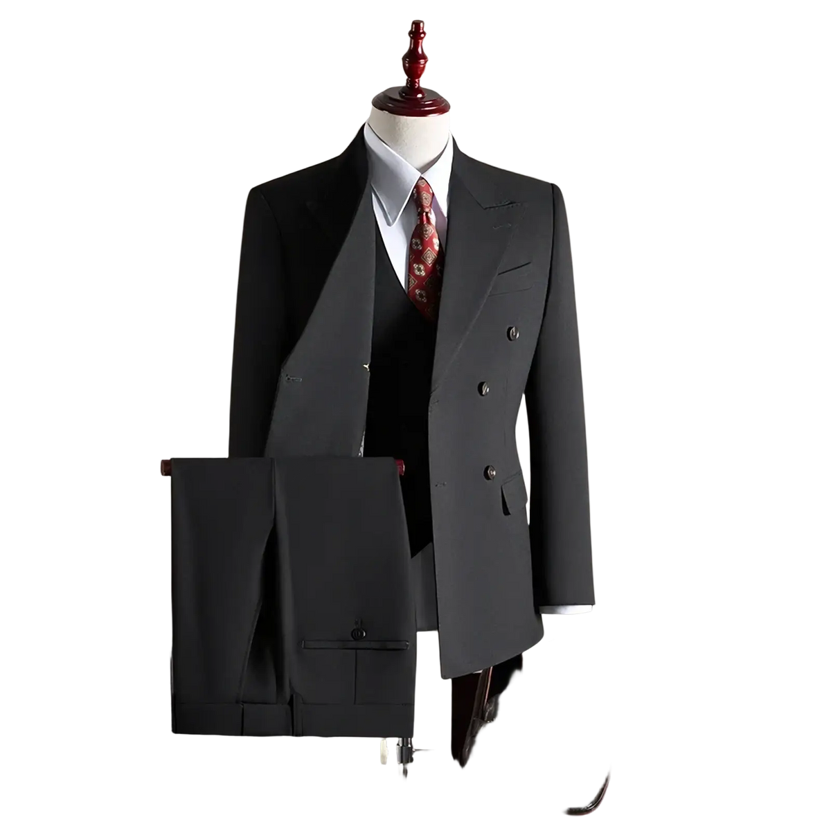 Mens charcoal gray wool double breasted suit with notched lapels and matching trousers displayed on mannequin