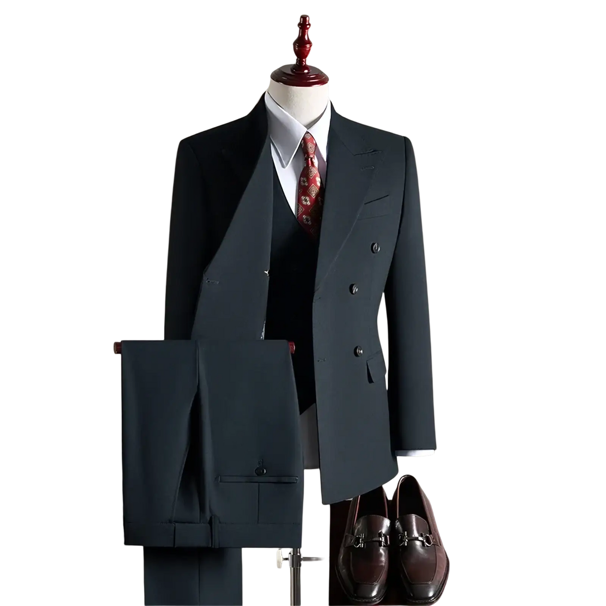 Mens charcoal gray wool double breasted suit with notched lapels and matching trousers displayed on mannequin