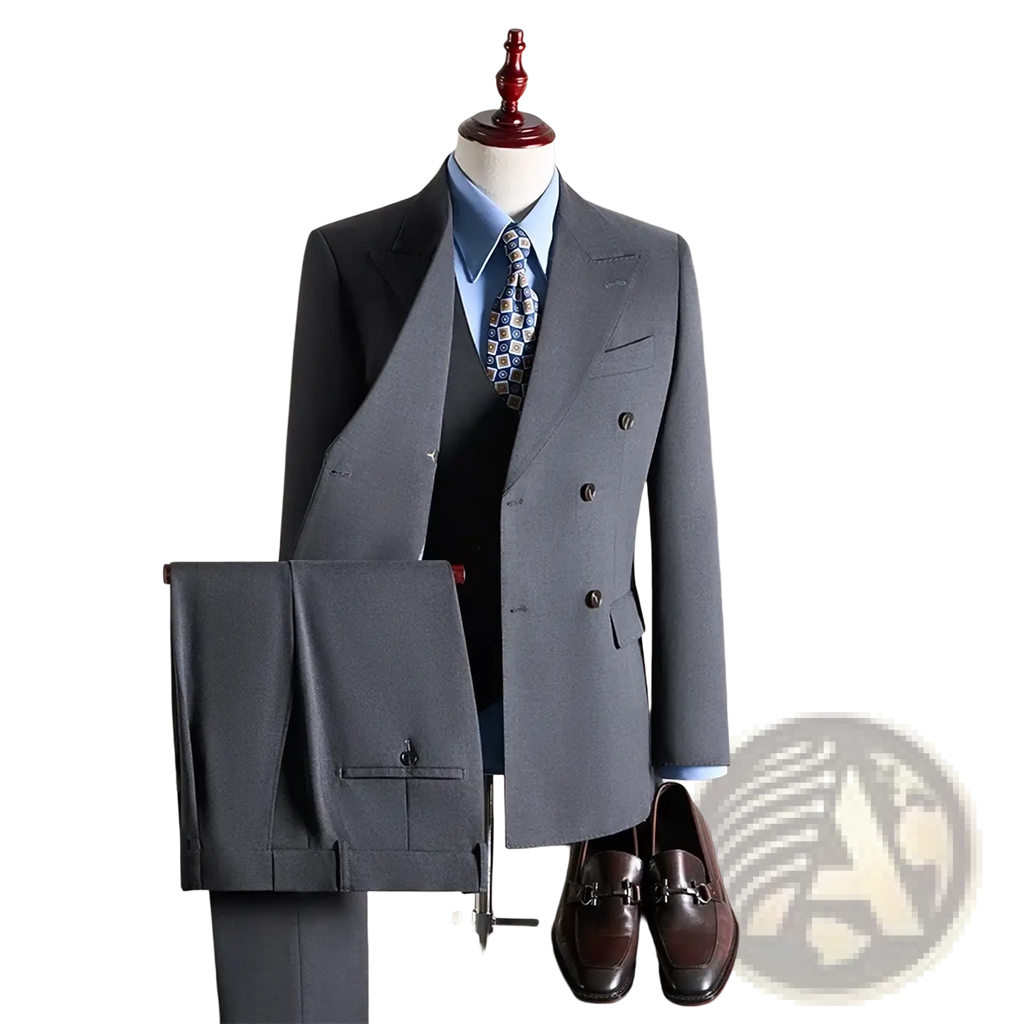Mens charcoal gray wool double breasted suit jacket with notched lapels and two-button closure paired with trousers