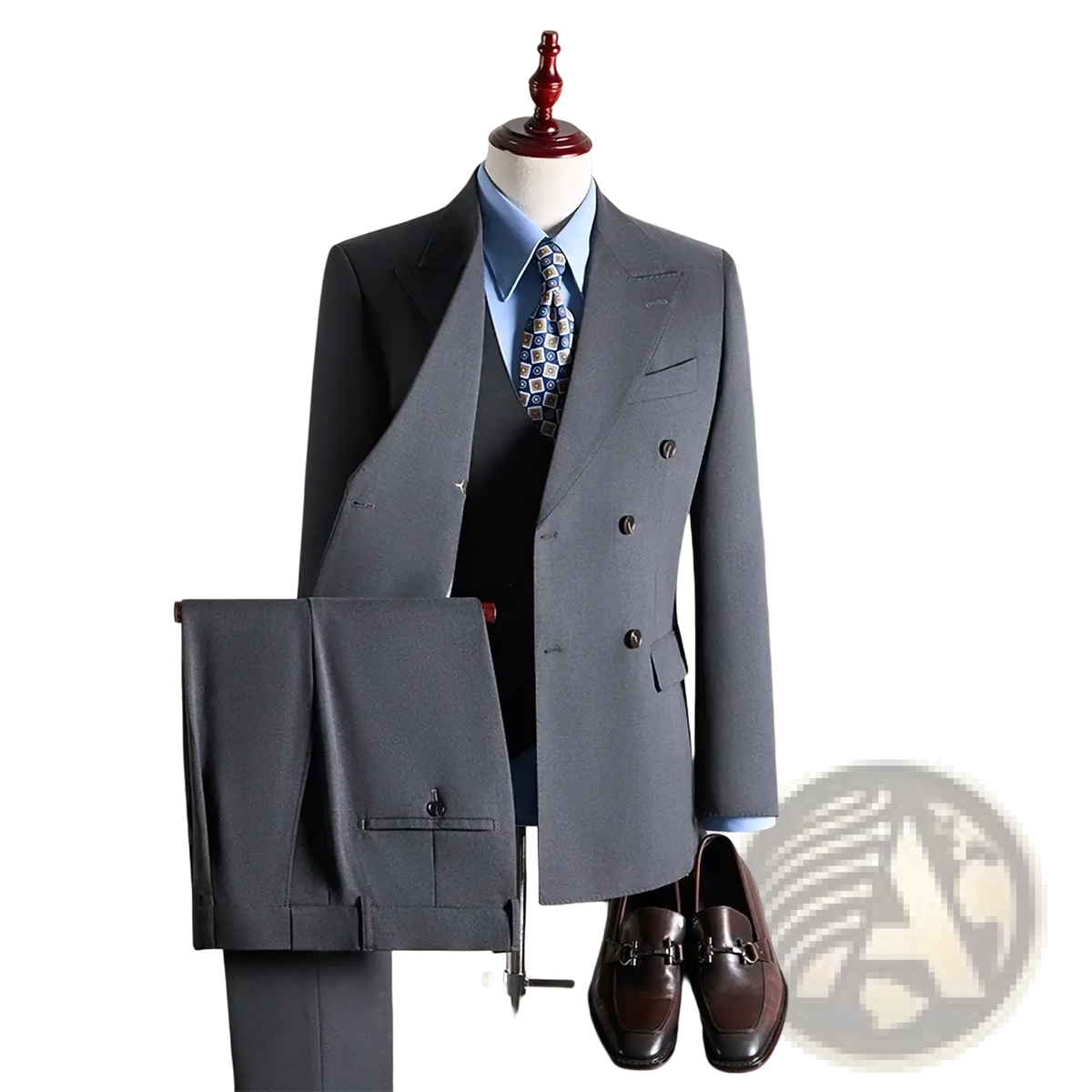 Mens charcoal gray wool double breasted suit jacket with notched lapels and two-button closure paired with trousers