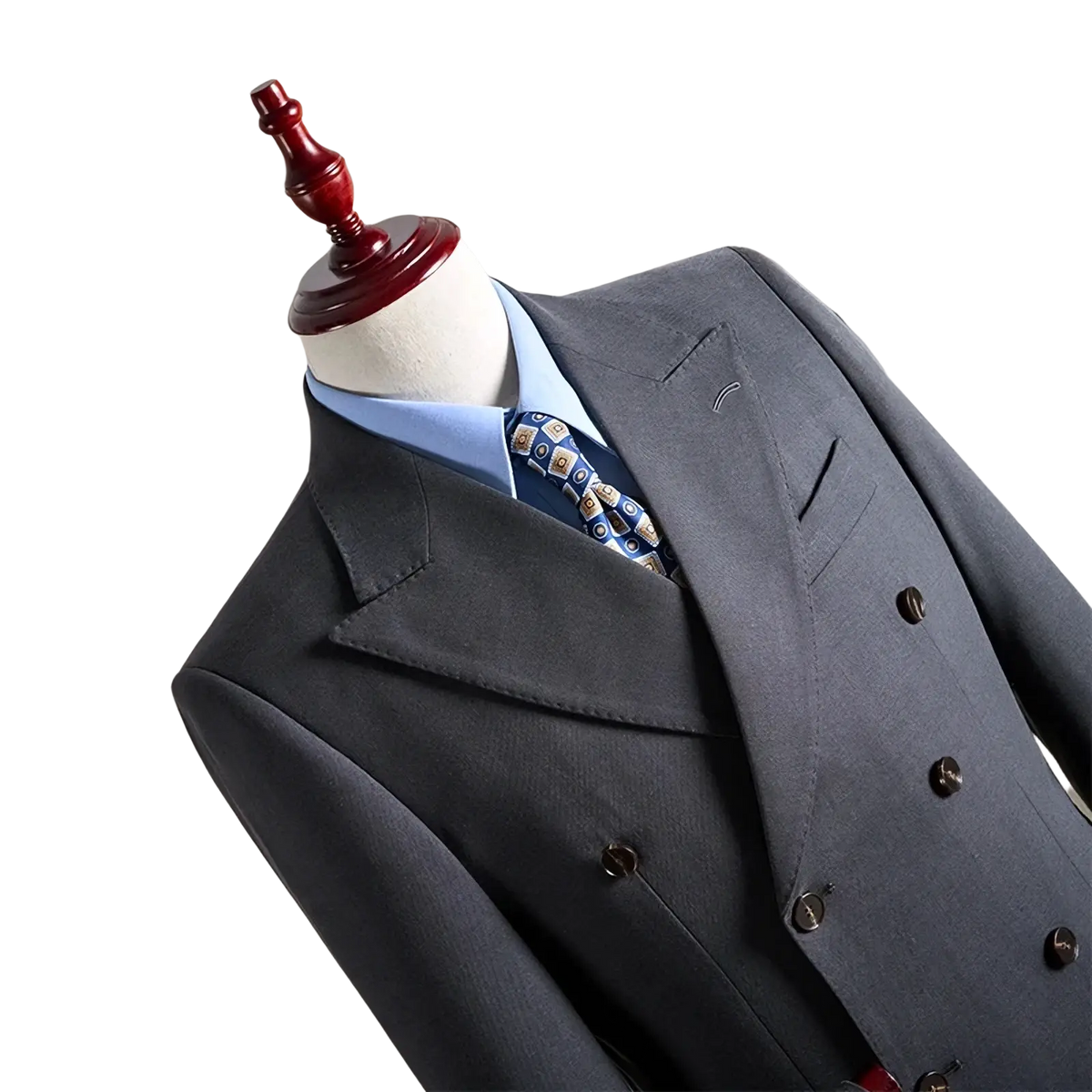 A tailored mens charcoal gray wool double breasted suit jacket with notched lapels and dark brown buttons on a mannequin