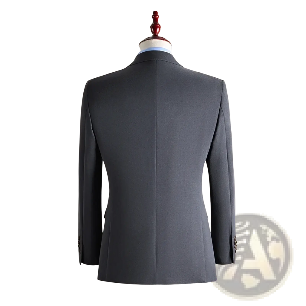 A tailored mens charcoal gray wool double breasted suit jacket with notched lapel and button cuffs