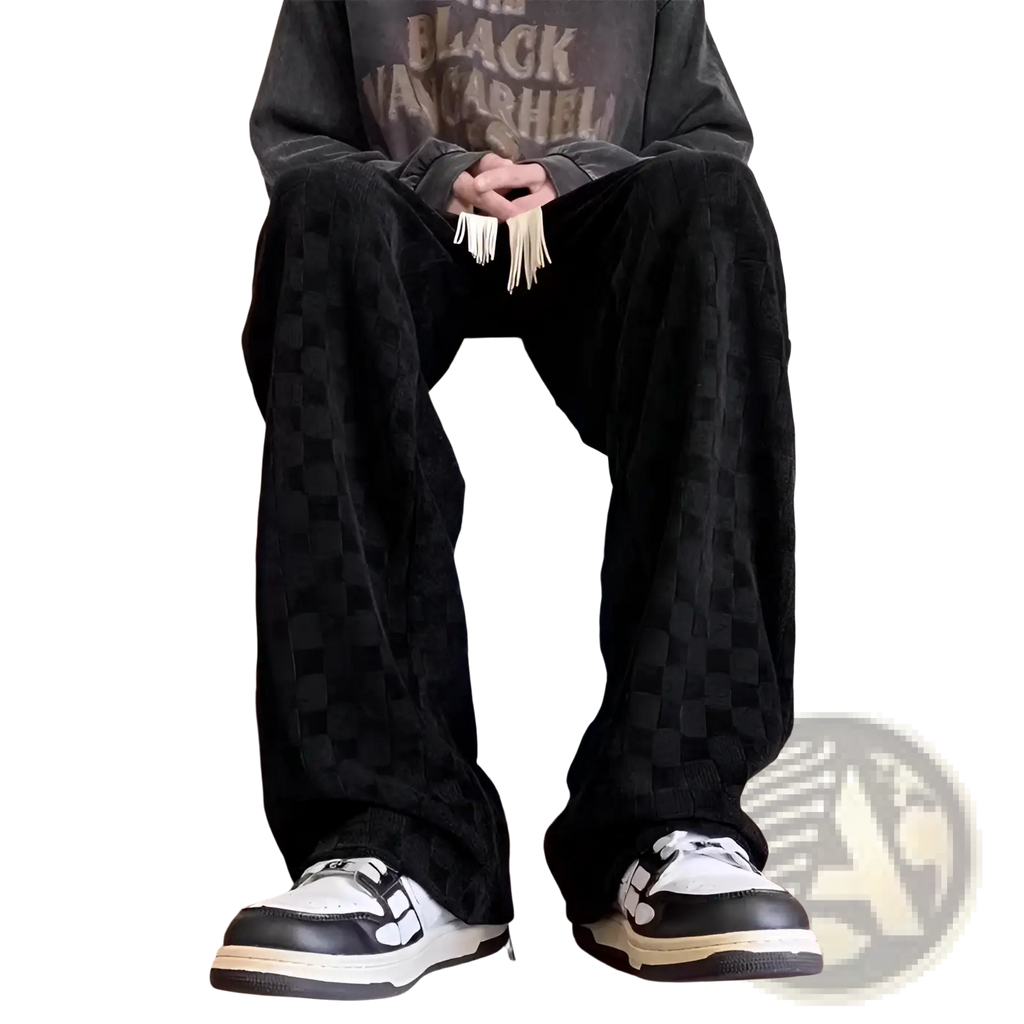 Mens checkerboard corduroy pants plus size featuring black fabric with a subtle checkered pattern