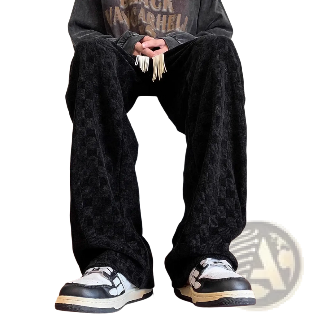 Mens plus size corduroy pants in black with a subtle checkerboard pattern showcasing premium fabric texture