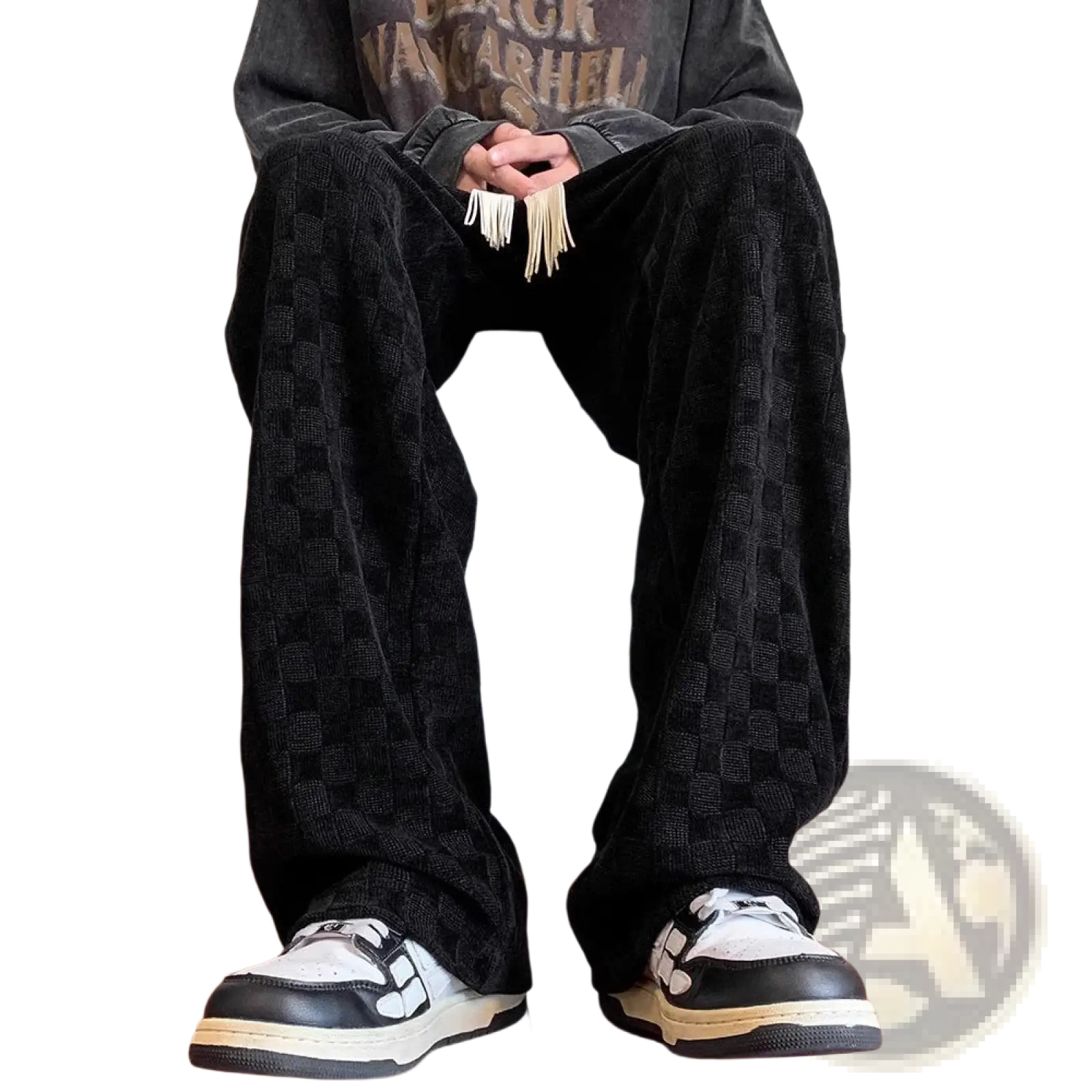 Mens plus size corduroy pants in black with a subtle checkerboard pattern showcasing premium fabric texture