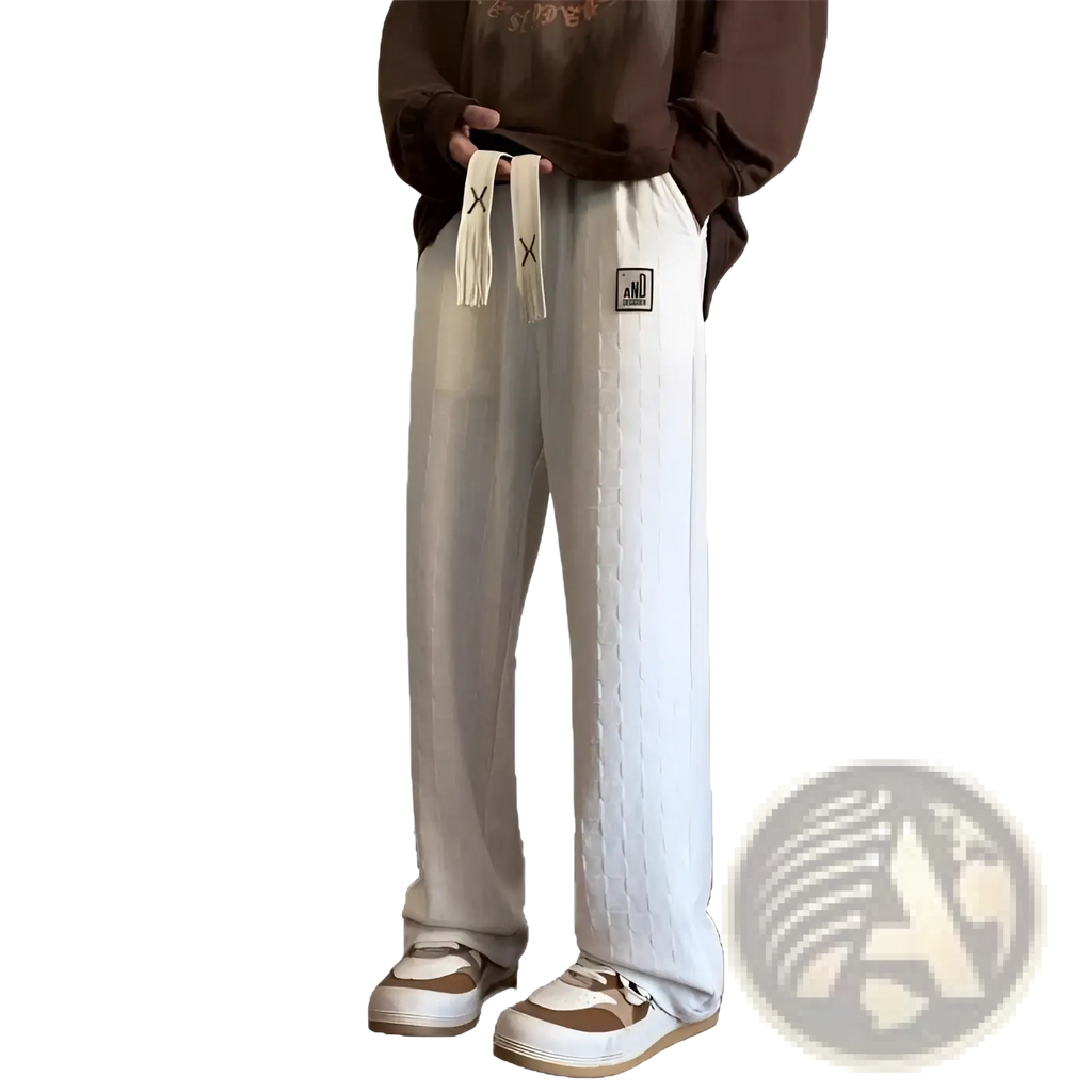 Mens checkerboard corduroy pants plus size in cream textured cotton joggers with woven pattern and white drawstrings with black x markings