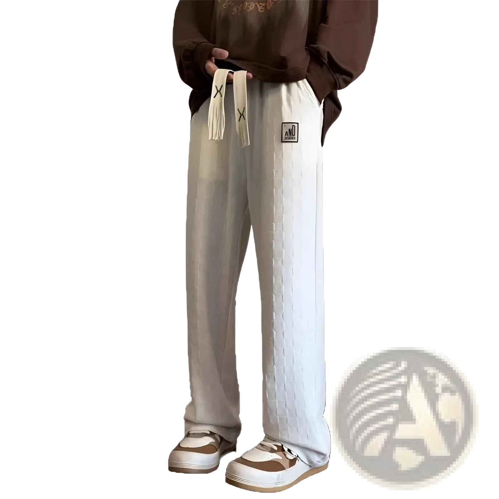 Mens checkerboard corduroy pants plus size in cream textured cotton joggers with woven pattern and white drawstrings with black x markings