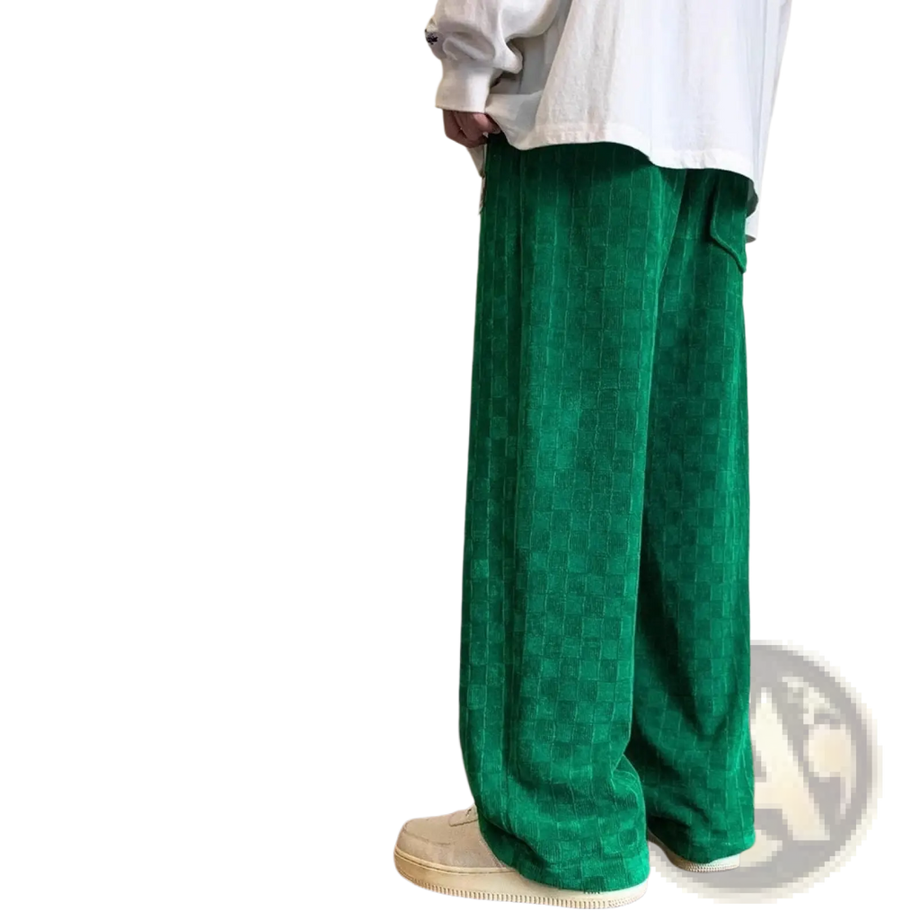 Mens checkerboard green corduroy pants plus size with subtle geometric pattern in corduroy fabric