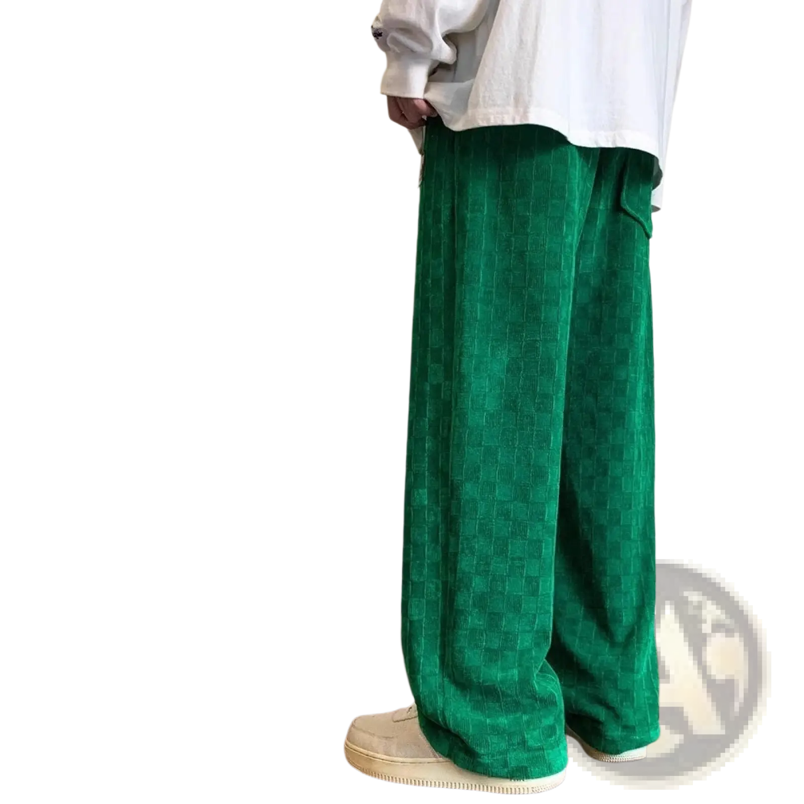 Mens checkerboard green corduroy pants plus size with subtle geometric pattern in corduroy fabric
