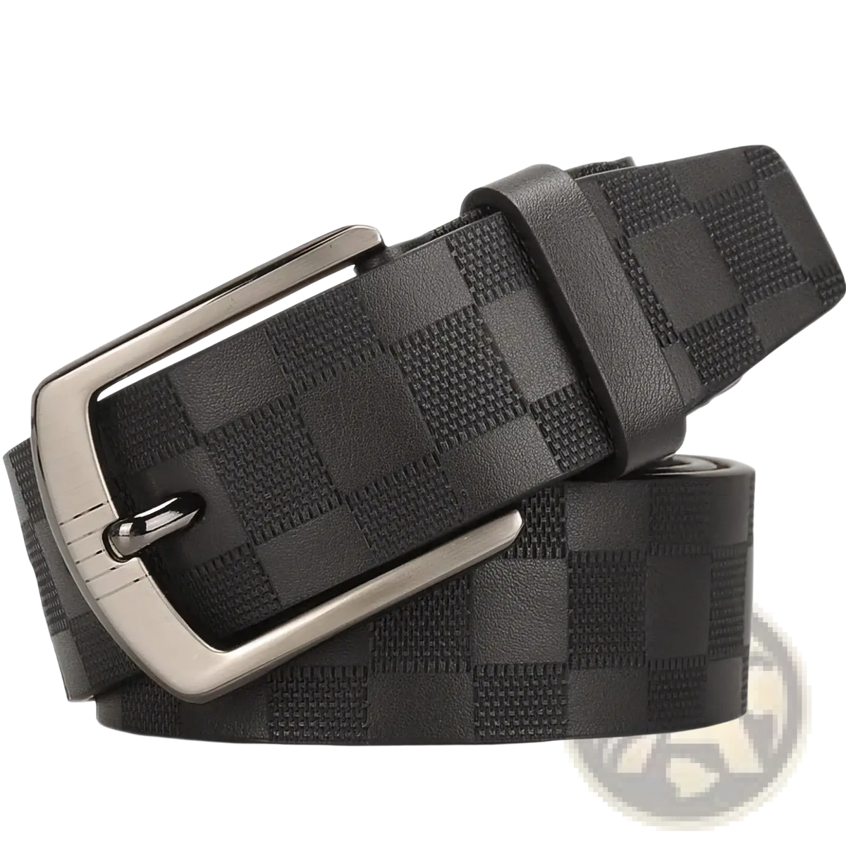 Men’s checkered leather business belt in black with subtle texture and sleek silver-toned buckle