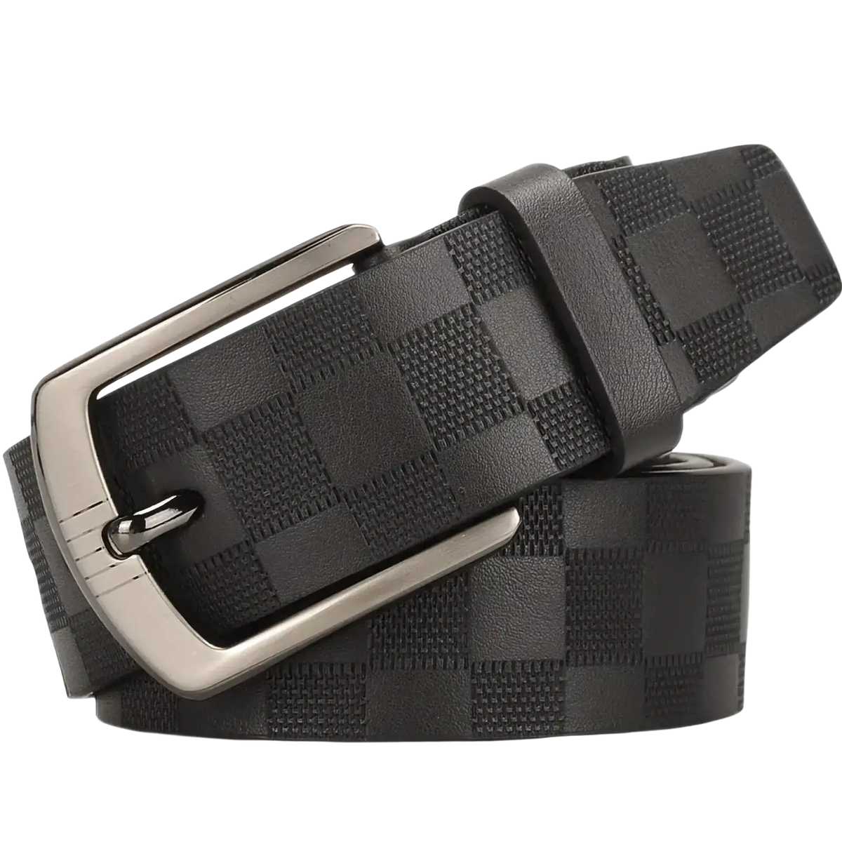 Black leather business belt with subtle checkered texture and sleek silver-toned buckle for formal wear