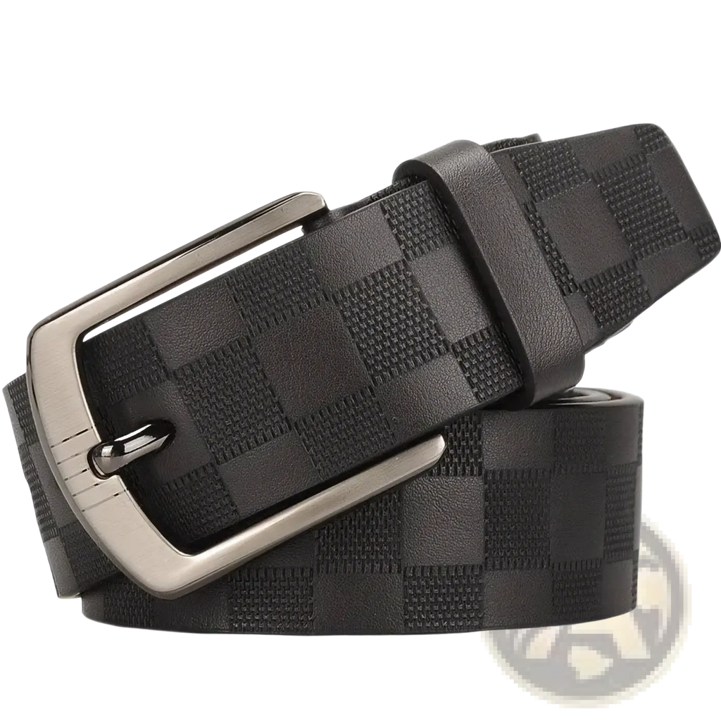 Men’s checkered black leather business belt with silver toned buckle for formal and professional use