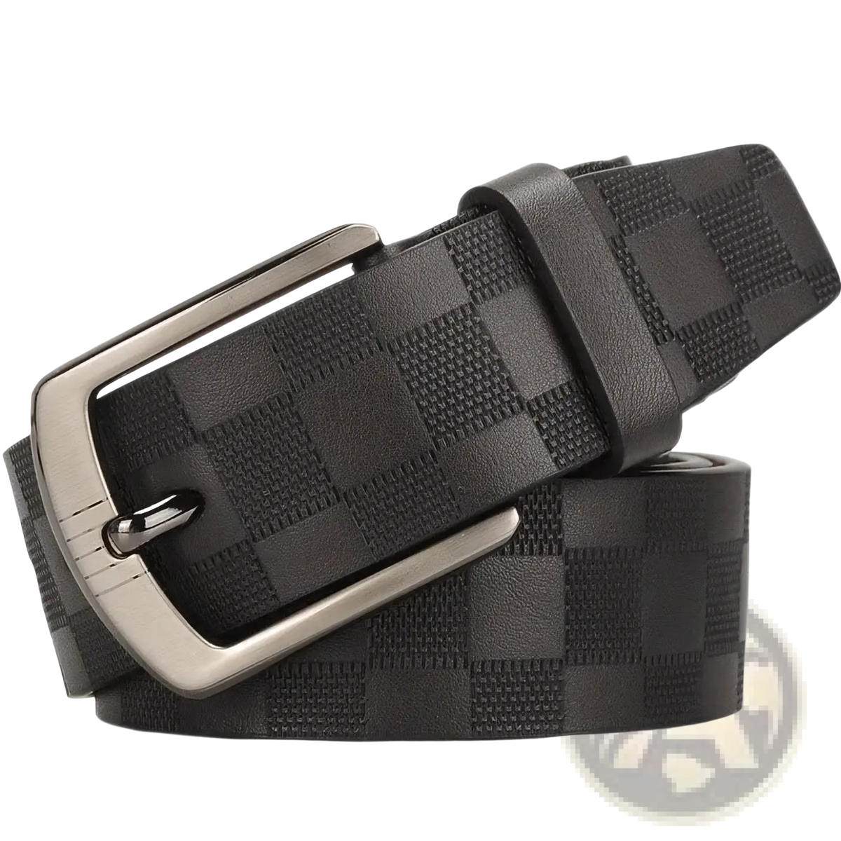 Men’s checkered black leather business belt with silver toned buckle for formal and professional use
