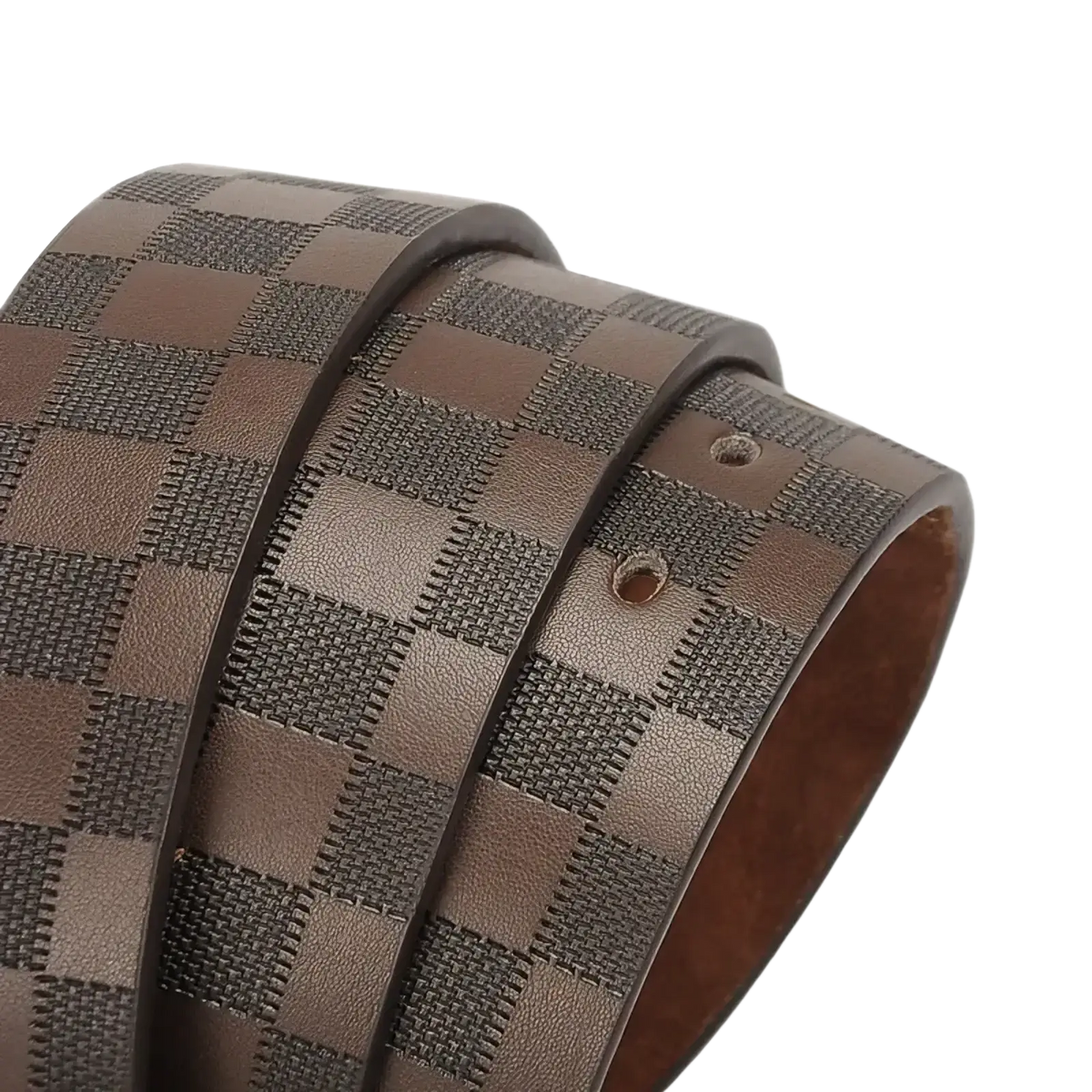 Brown leather business belt with classic checkered pattern in shades of brown and black for men