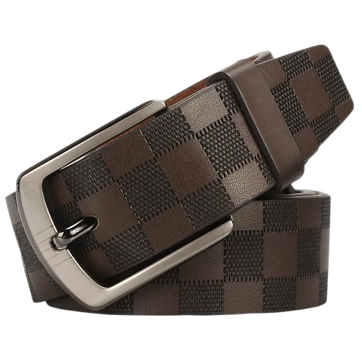 Men’s checkered brown leather business belt with a silver toned buckle for formal and professional use