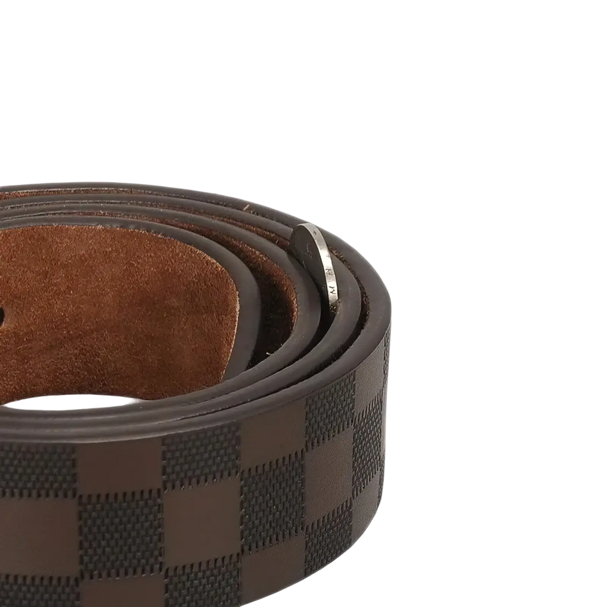 Men’s checkered leather business belt in brown with dark brown and black pattern and silver-toned buckle