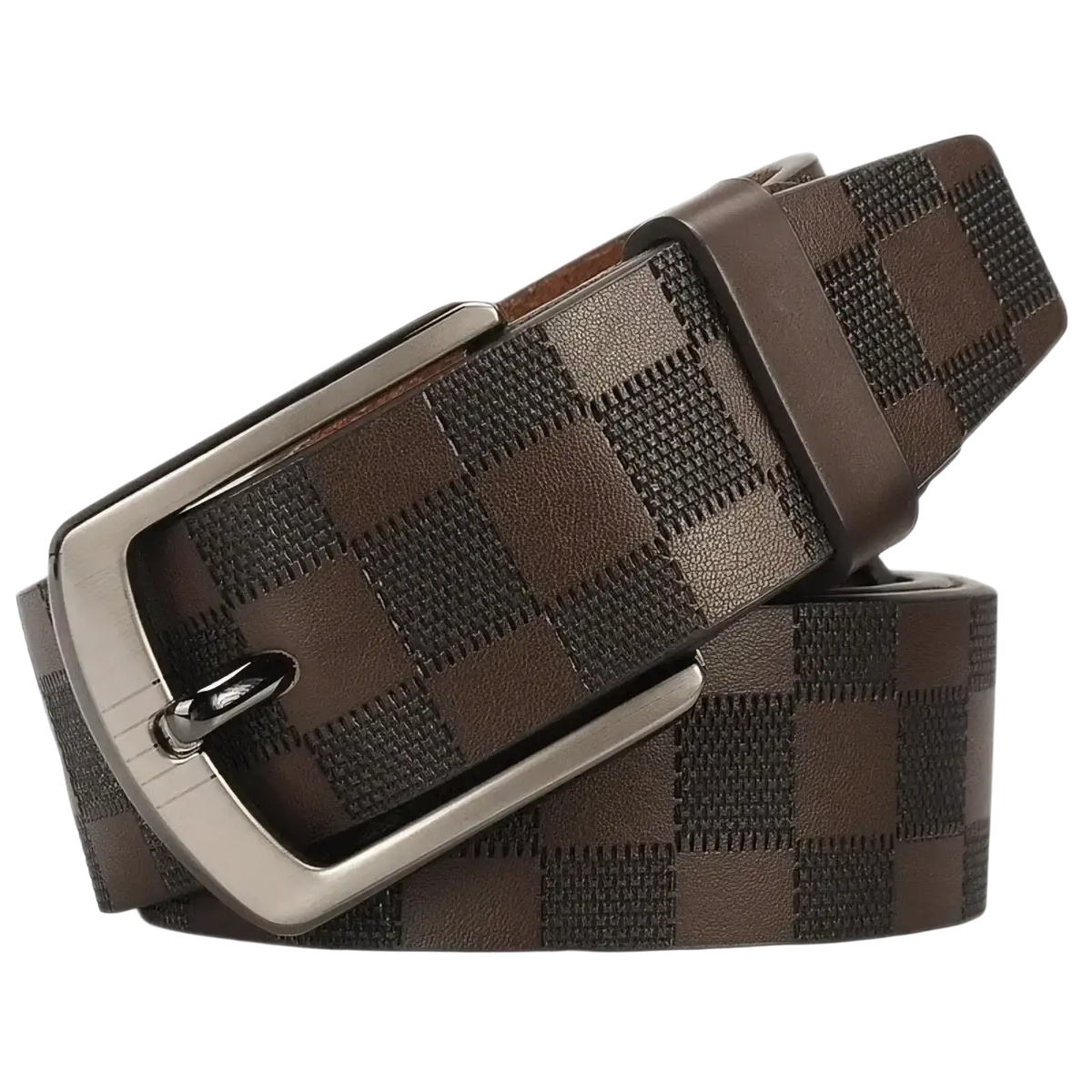 Men’s checkered leather business belt in brown and black with silver-toned buckle for formal wear