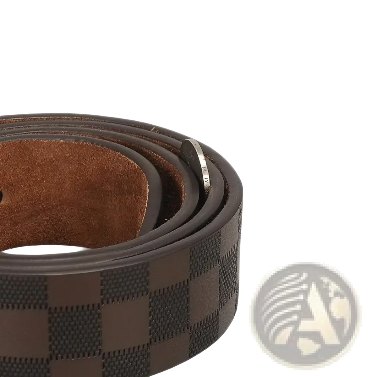 Men’s checkered leather business belt in brown with dark brown and black pattern and silver-toned buckle