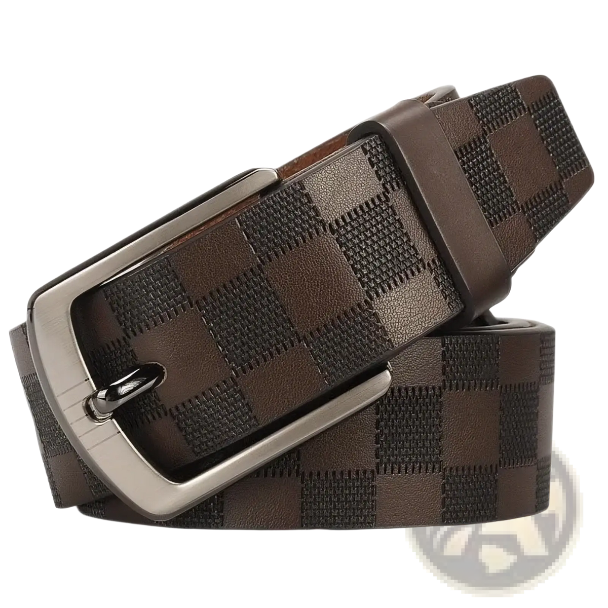 Men’s checkered brown leather business belt with a silver toned buckle for formal and professional use