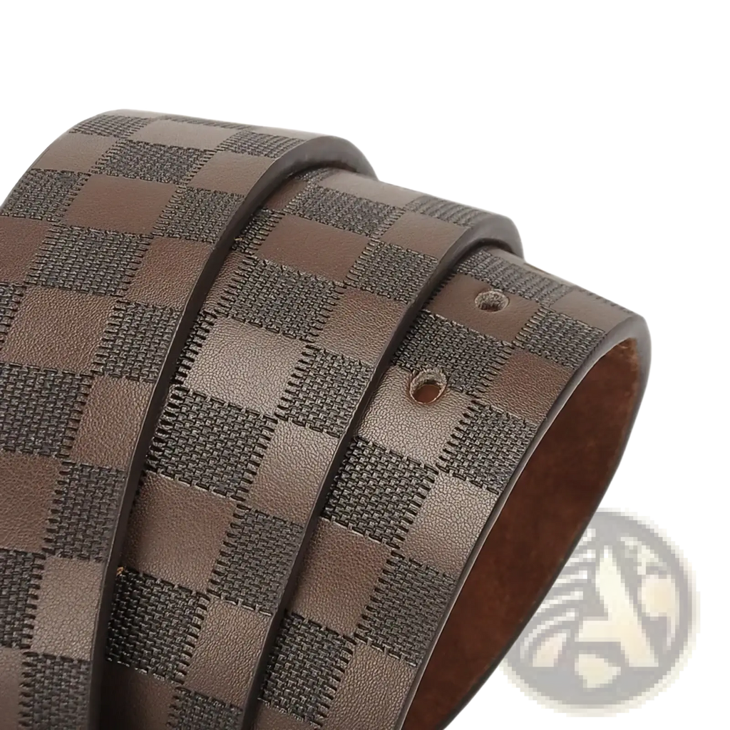 Men’s checkered leather business belt in brown with darker and lighter tones featuring embossed woven texture