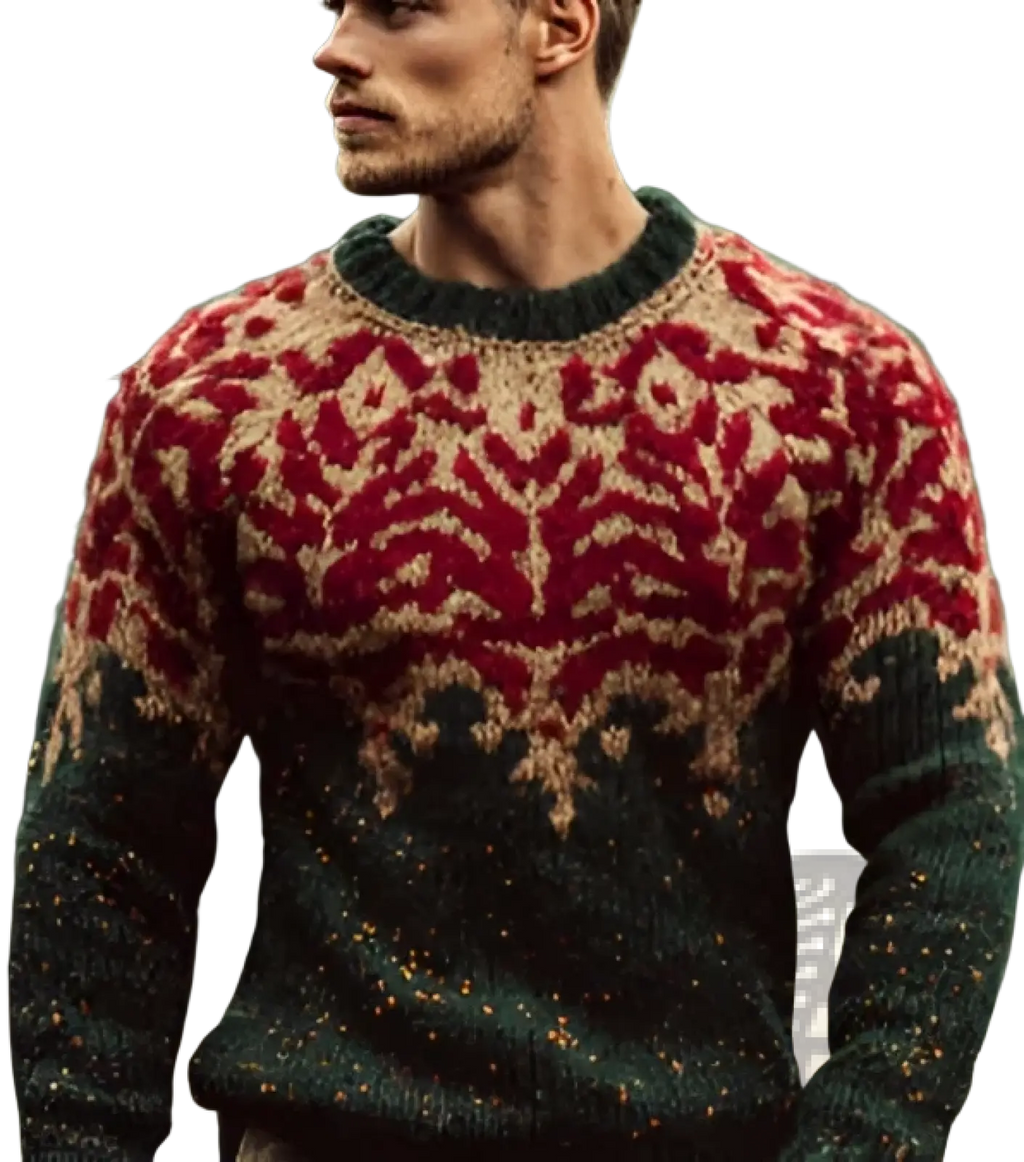 A man wearing a dark green chunky knit mens Christmas nordic knit sweater with red and beige intricate patterns