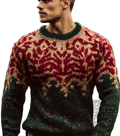 A man wearing a dark green chunky knit mens Christmas nordic knit sweater with red and beige intricate patterns