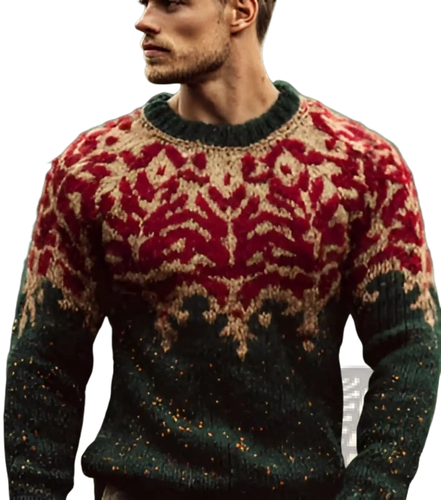 A man wearing a dark green chunky knit mens Christmas nordic knit sweater with red and beige intricate patterns