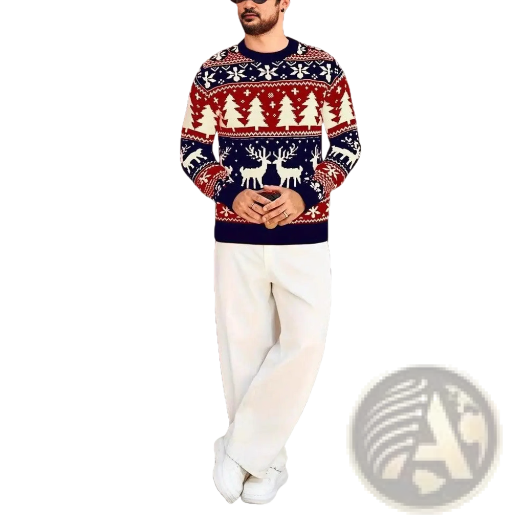 Mens Christmas Nordic knit sweater in red navy blue and cream with traditional reindeer snowflake and pine tree pattern