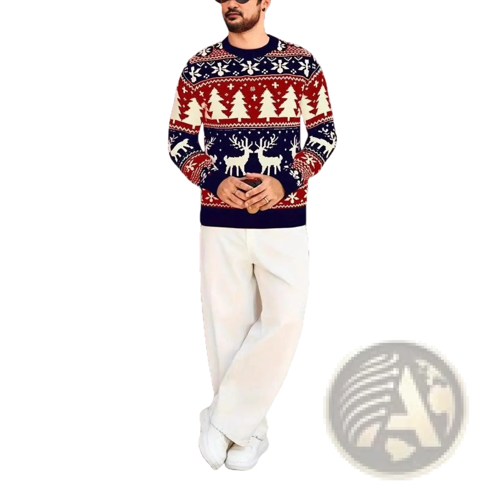 Mens Christmas Nordic knit sweater in red navy blue and cream with traditional reindeer snowflake and pine tree pattern