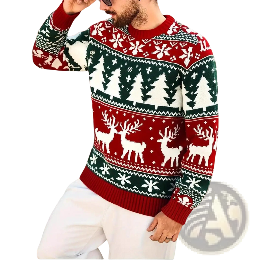 Mens christmas nordic knit sweater in red green and white with reindeer and pine tree patterns
