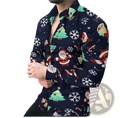 Mens christmas print button up shirt in navy blue with festive santa claus snowflakes candy canes and trees print