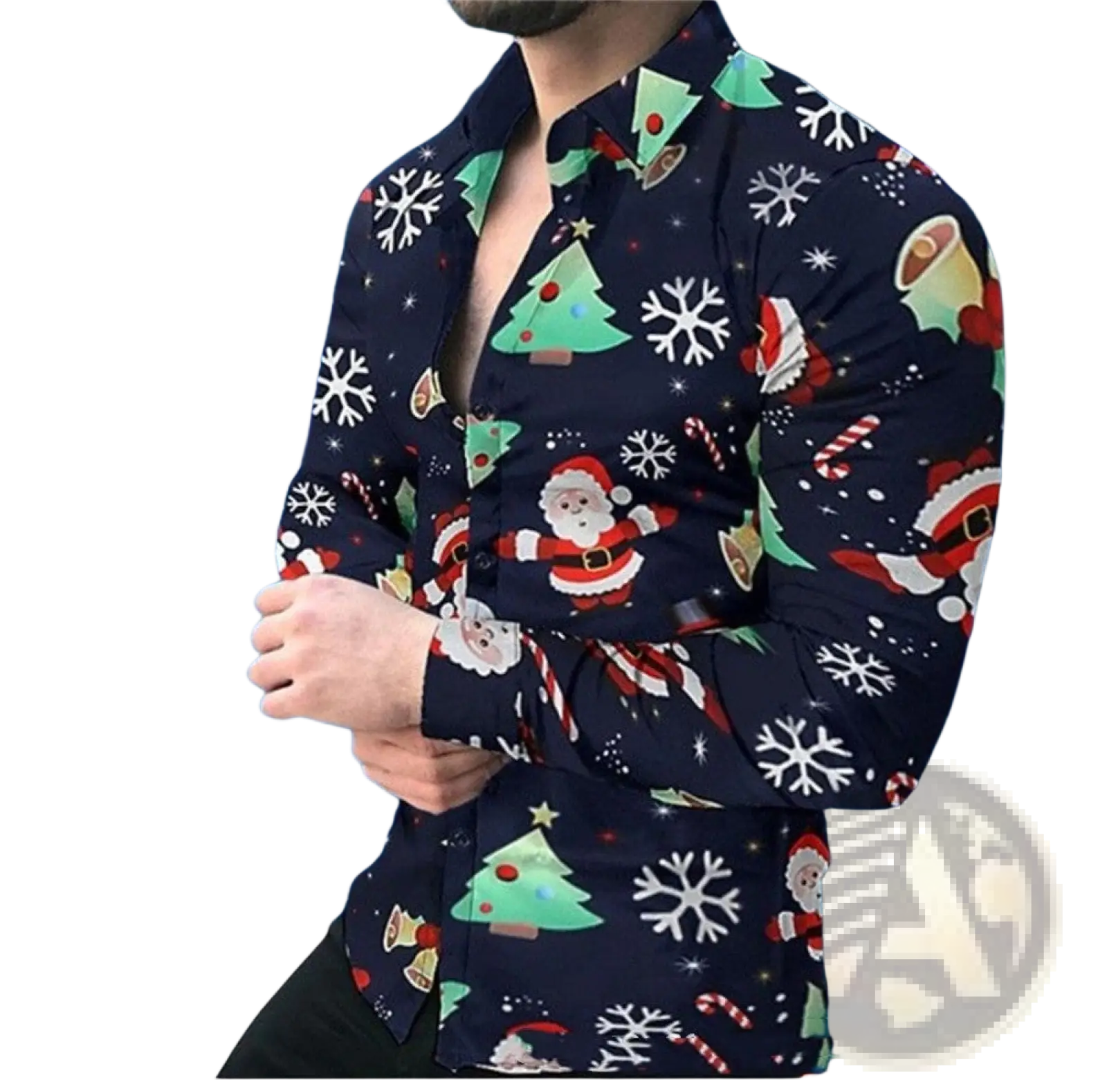 Mens christmas print button up shirt in navy blue with festive santa claus snowflakes candy canes and trees print