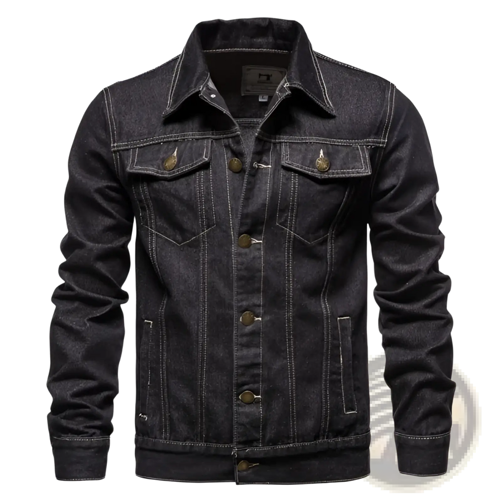 Men’s classic dark blue denim button up jacket with dark wash fabric button front and contrasting light stitching