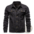 Men’s classic dark blue denim button up jacket with dark wash fabric button front and contrasting light stitching