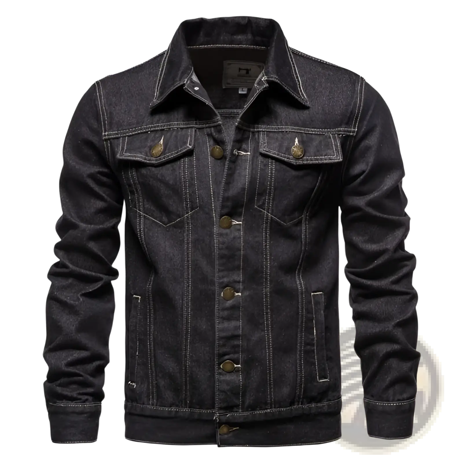 Men’s classic dark blue denim button up jacket with dark wash fabric button front and contrasting light stitching