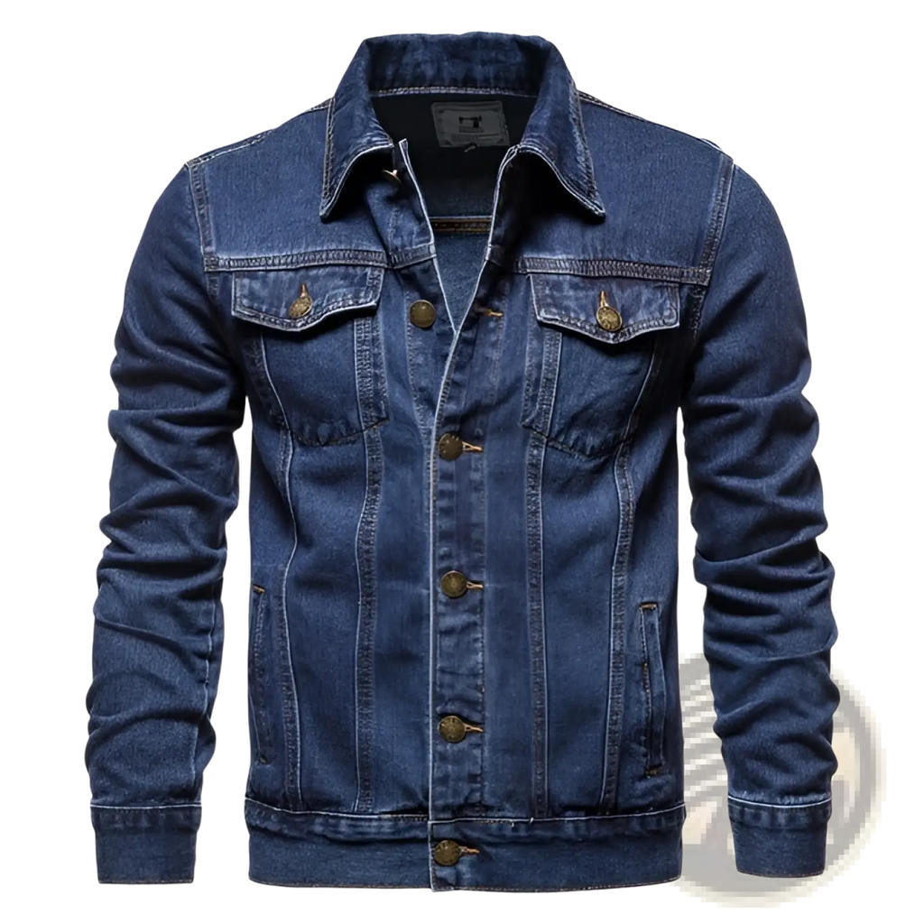 Men’s classic dark blue denim jacket with collar front button closure and two chest pockets in durable cotton material