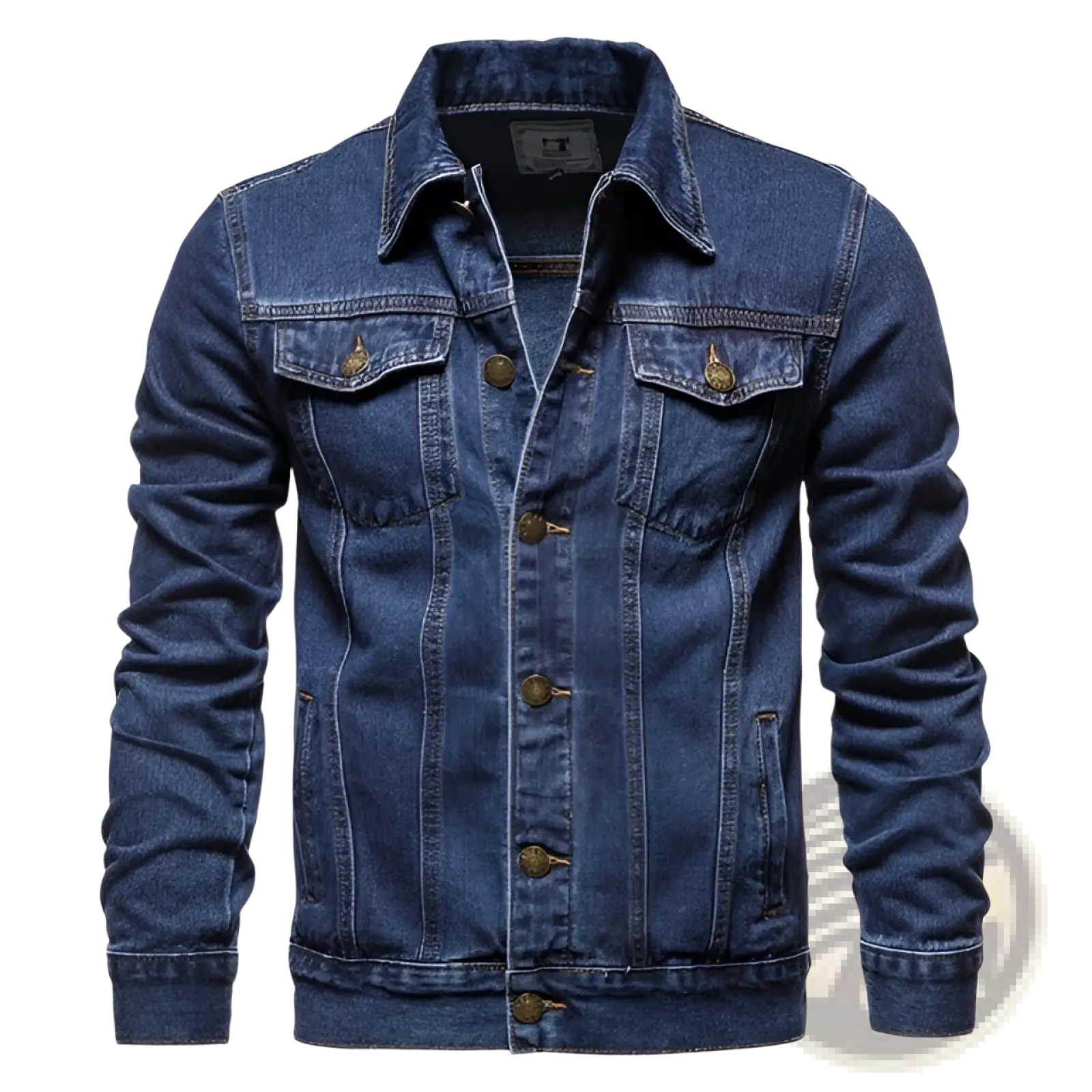 Men’s classic dark blue denim button up jacket with collar front button closure and two chest pockets