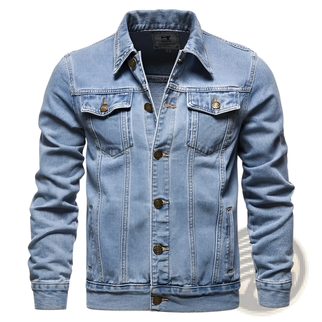 Men’s classic dark blue denim button up jacket with light-wash denim and gold-tone button front design