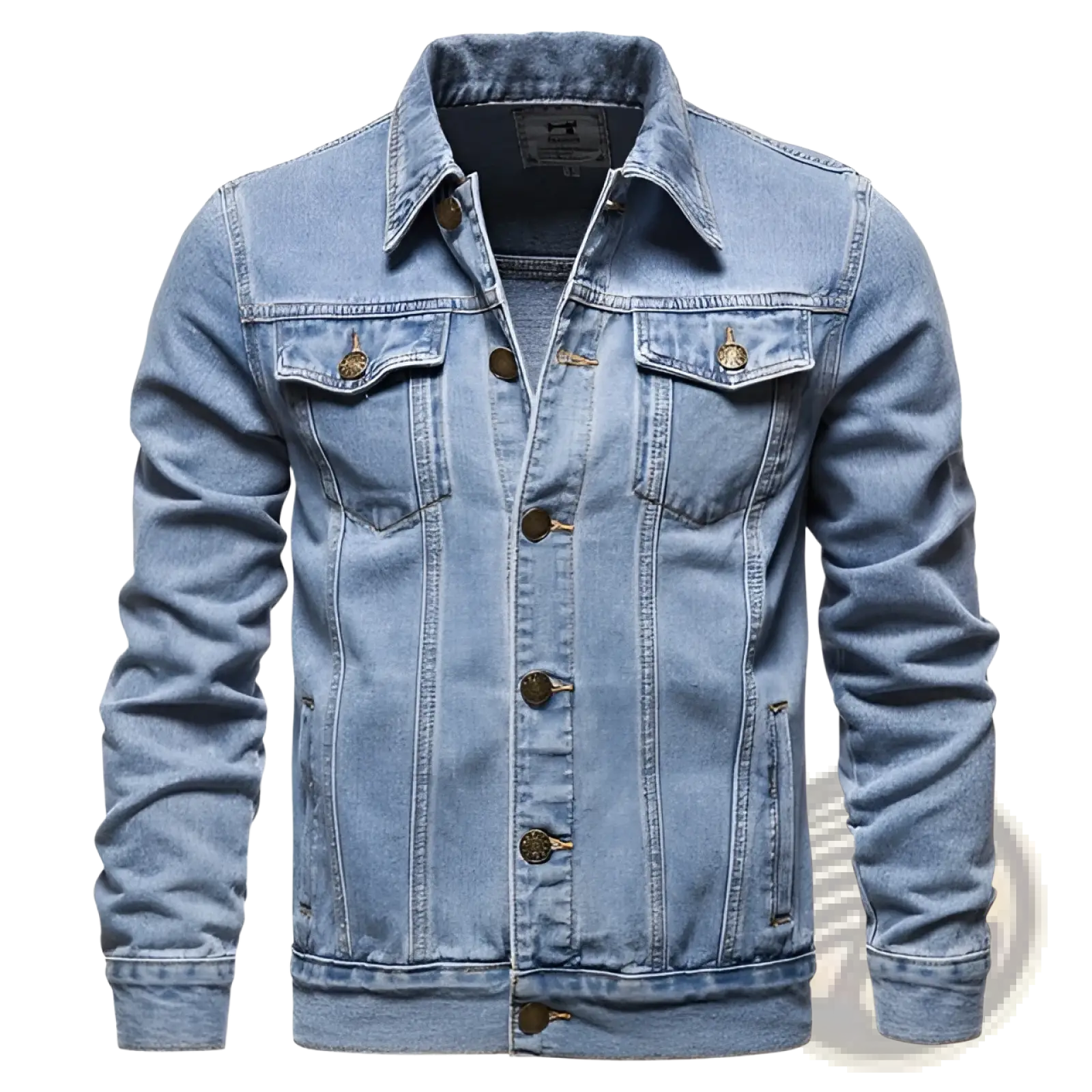 Men’s classic dark blue denim button up jacket with light-wash denim and gold-tone button front design