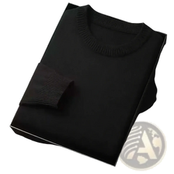 Men’s classic knit crewneck pullover sweater in black ribbed knit featuring a sleek minimalist design