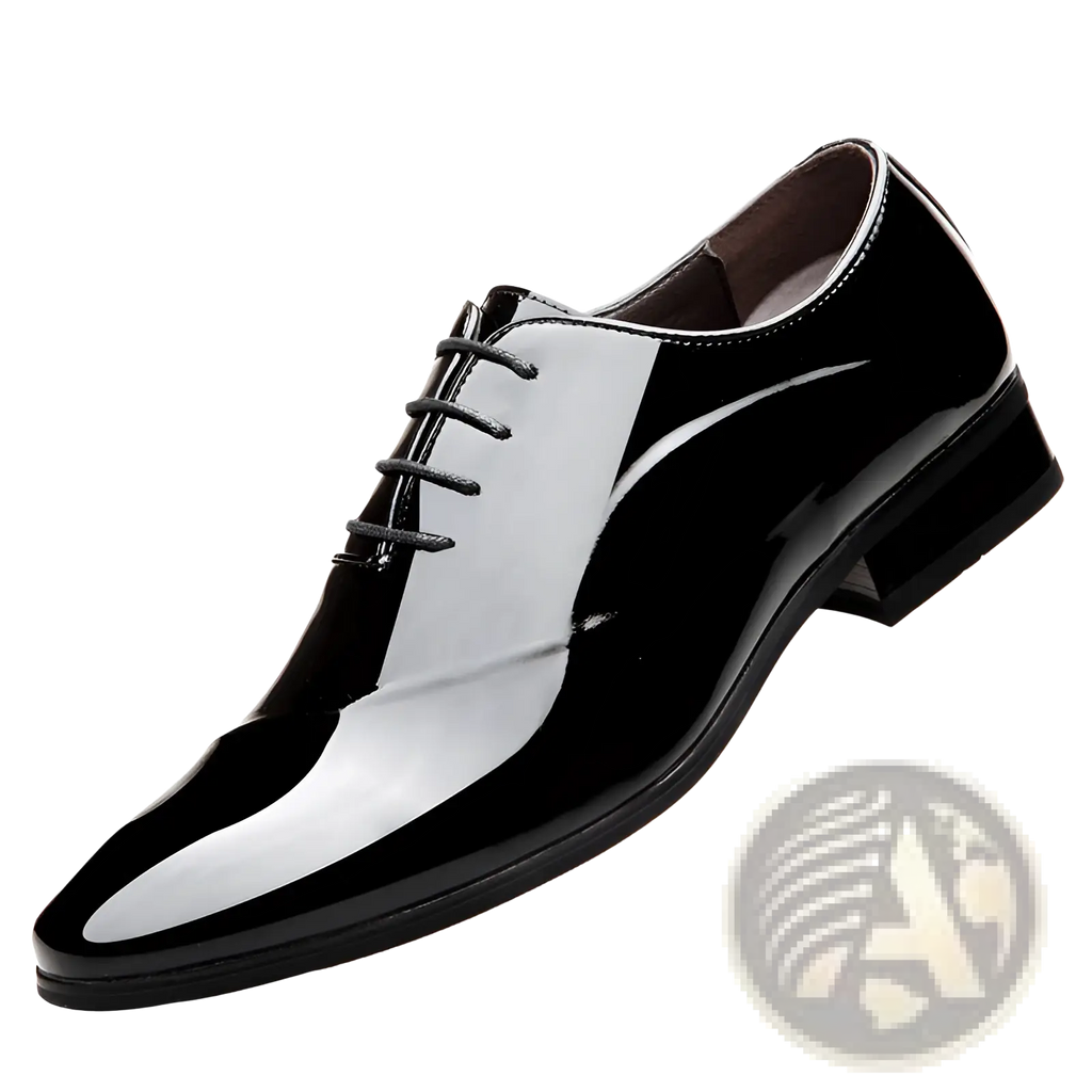 Men’s classic pointed toe leather business shoe in black patent leather with a glossy finish and white toe panel