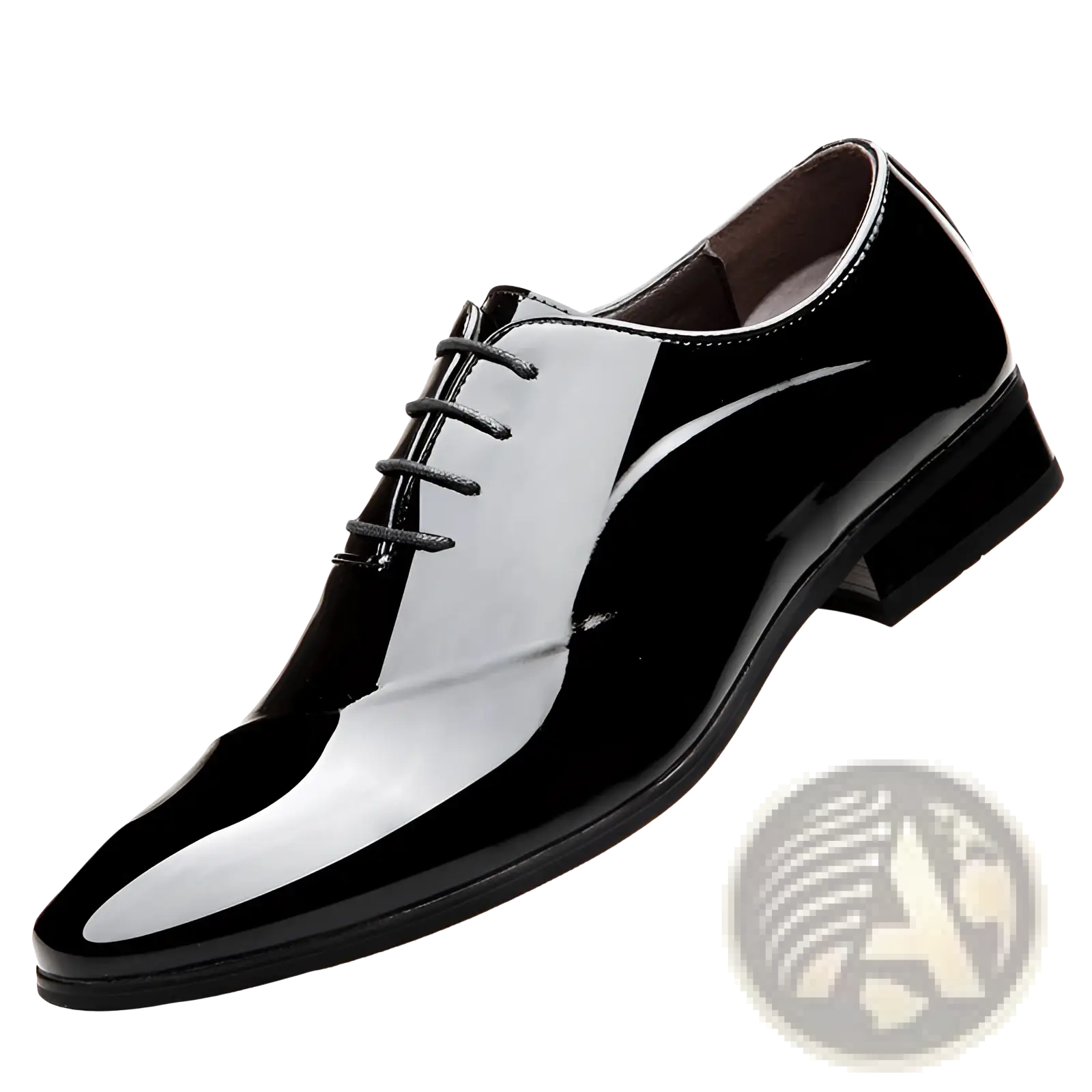 Men’s classic pointed toe leather business shoe in black patent leather with a glossy finish and white toe panel