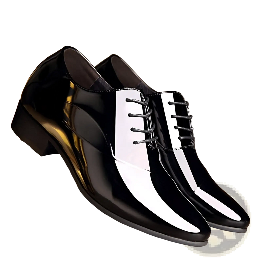 Men’s classic pointed toe leather business shoes in black and white patent leather with a glossy finish