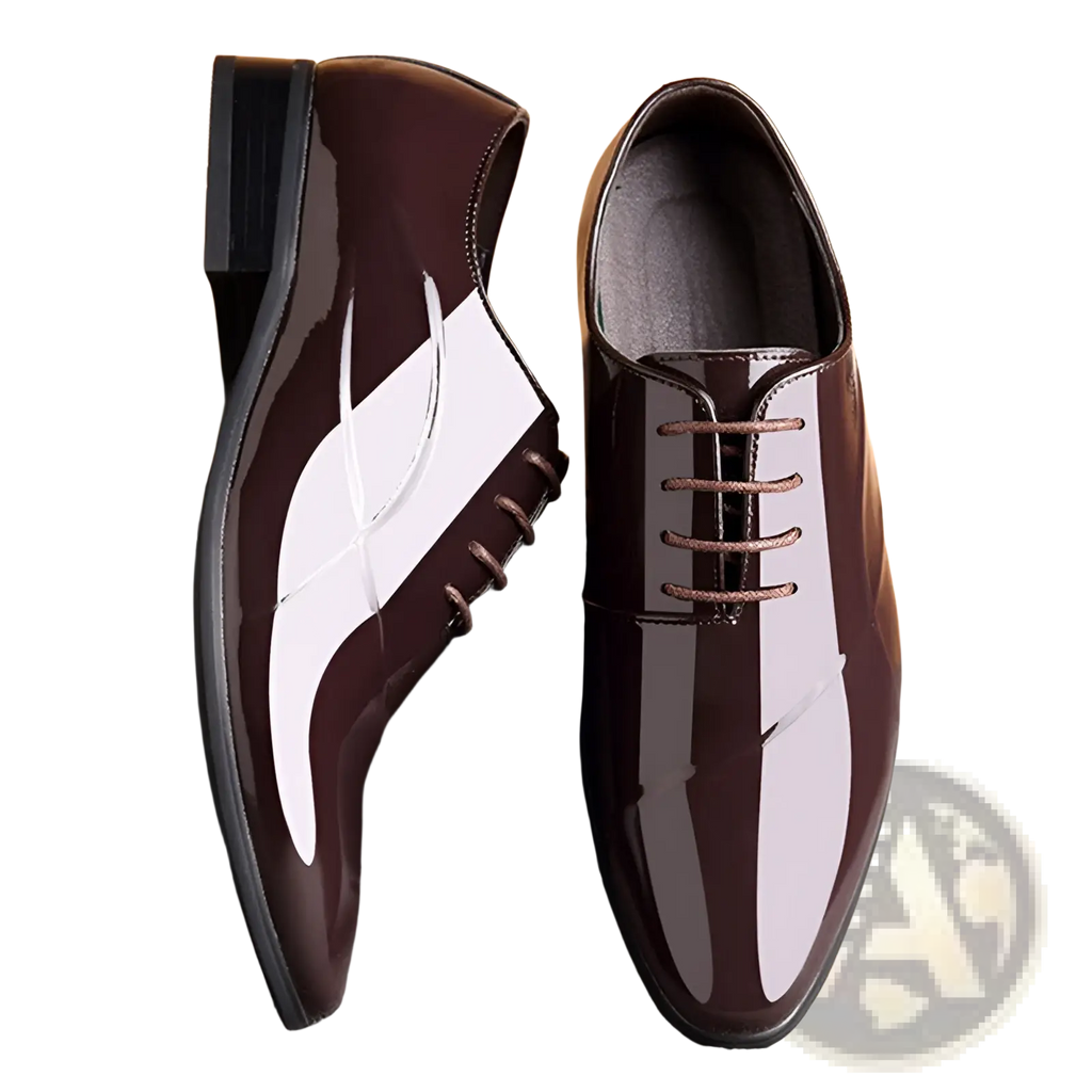 Men’s classic pointed toe leather business shoes in polished brown with sleek white swoosh and matching laces