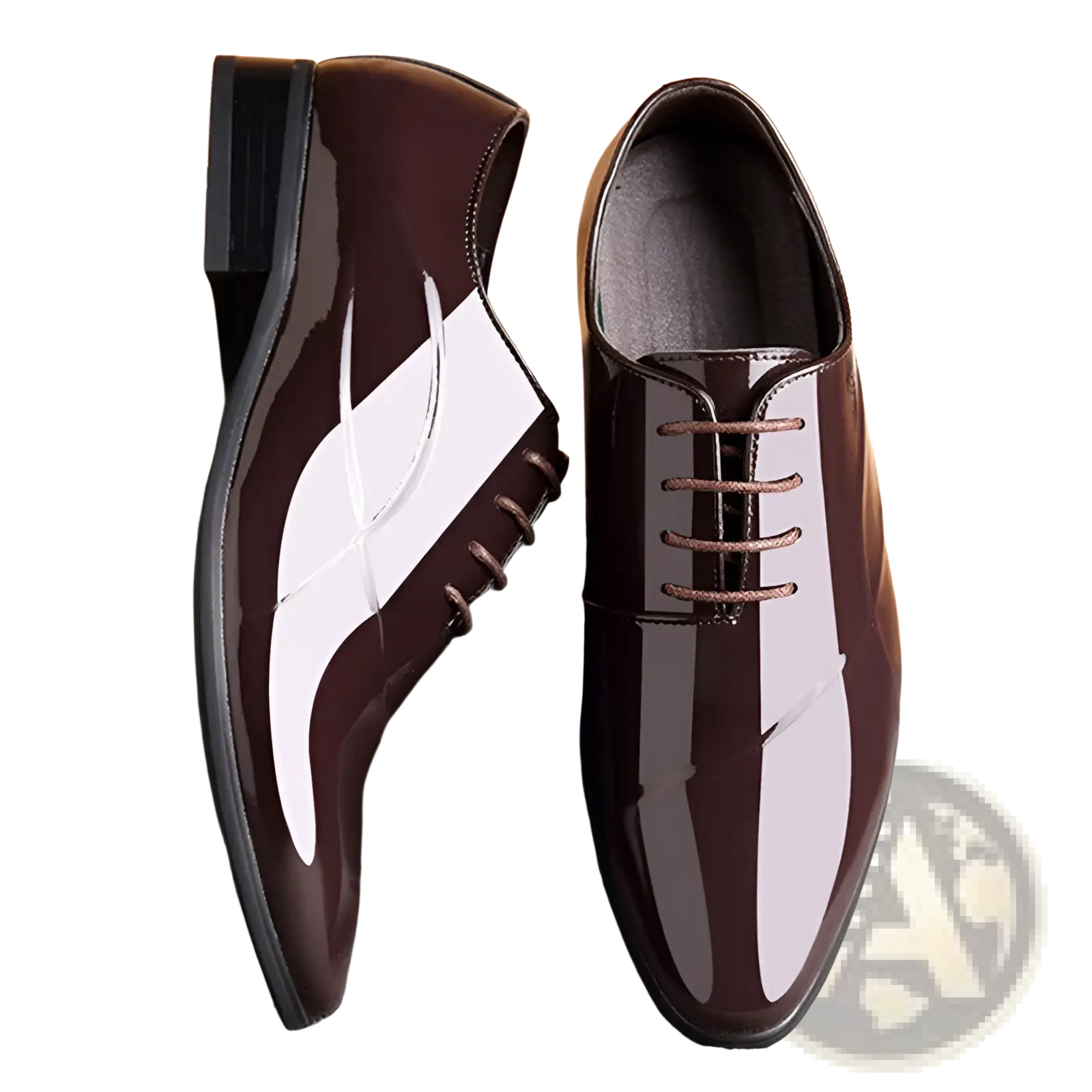 Men’s classic pointed toe leather business shoes in polished brown with sleek white swoosh and matching laces