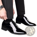 Men’s classic pointed toe leather business shoes in black patent leather with glossy finish and white reflective stripes