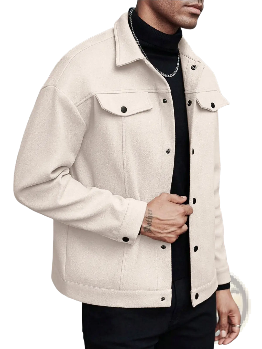 Men’s classic slim fit wool blend lapel jacket in cream color with black buttons and a classic collar
