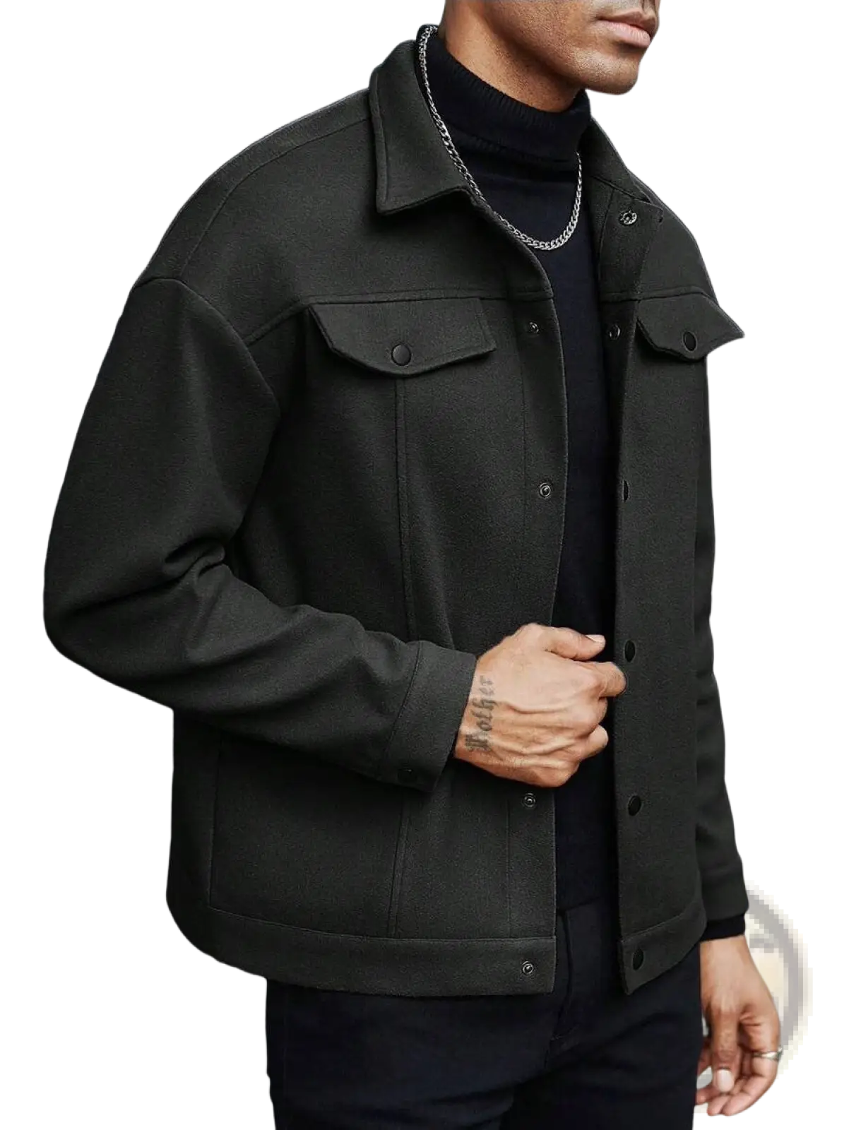 Men’s classic slim fit black wool blend jacket with lapel, button-front design, and flap pockets