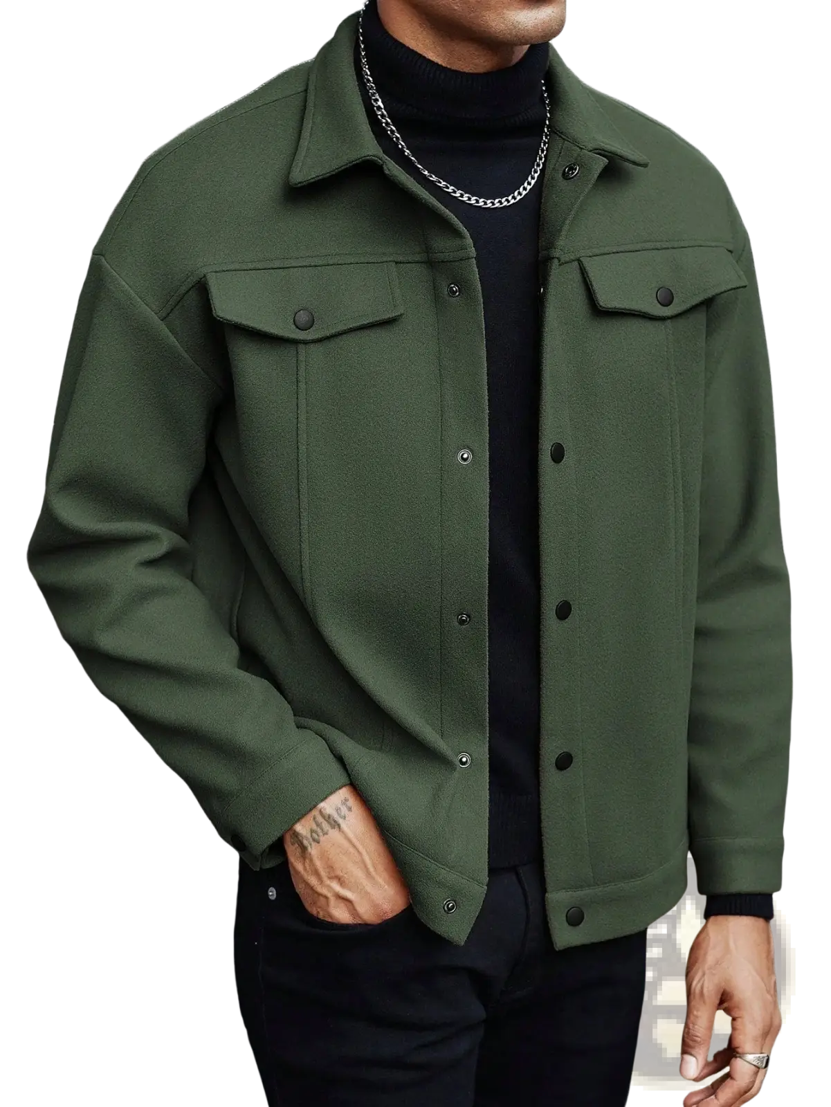 Men’s olive green slim fit wool blend jacket with buttoned flap pockets and a classic lapel collar